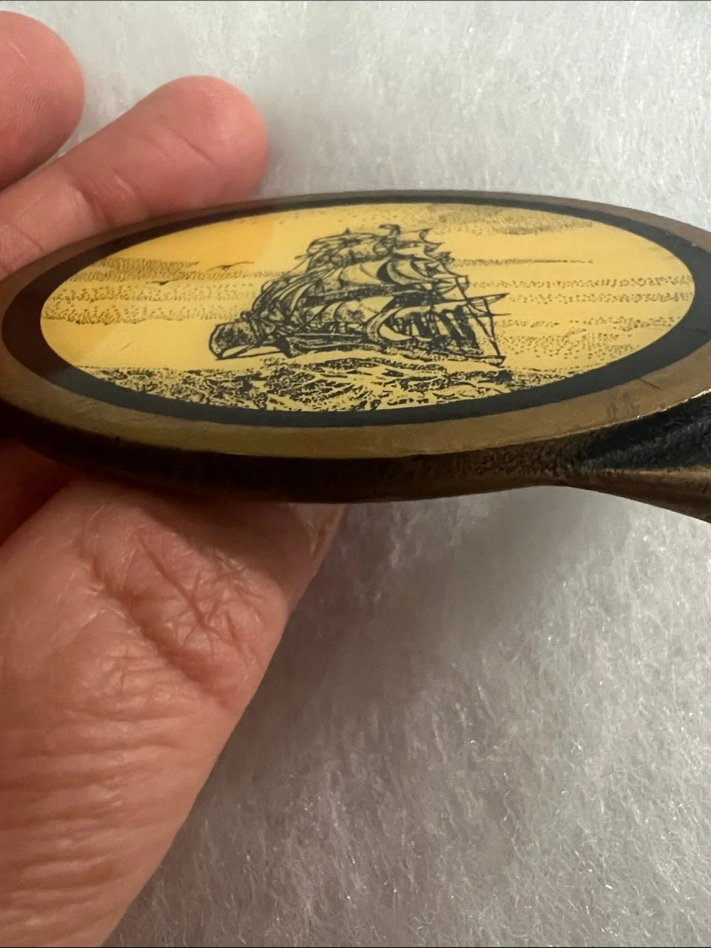 Vintage Sailing Ship Oval Belt Buckle in Yellow and Black